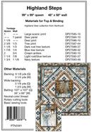 Quilt pattern packaging for Highland Steps with quilt design and material list on a white background.