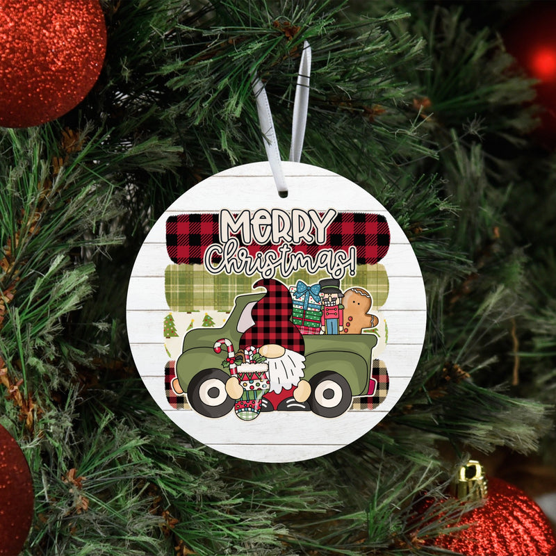 Metal Ornament Merry Christmas Gnome with Truck Lake & Laser LAL-MA14