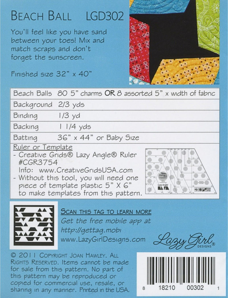 Beach Ball Quilt Pattern Picture of Back of Pattern Lazy Girl Designs LGD302