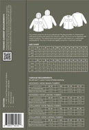 Back view of the Beachcomber Jacket pattern with measurements and fabric yardage requirements on a gray background.