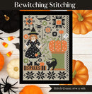 Bewitching Stitching Cross Stitch Pattern  of witch and her cat and stitching items.
