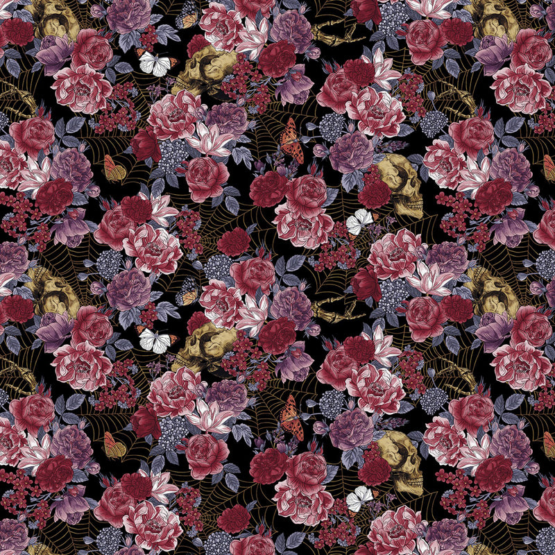 Bones Collection 7113-99 Black Large Floral and Bones by Melissa Wang for Studio e Fabrics