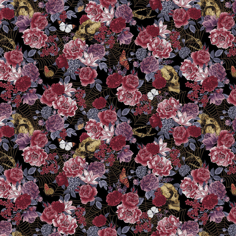Bones Collection 7113-99 Black Large Floral and Bones by Melissa Wang for Studio e Fabrics