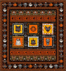 Costume Party Free PDF Quilt Pattern shows Halloween-themed quilt with black cats, pumpkins, and bats on a dark background.