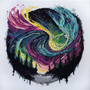 Cross Stitch Kit  Night Glow shows aurora borealis above evergreens and iced river.
