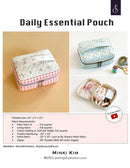 Daily Essential Pouch pattern with checkered design on beige background, floral design on light blue background, and open pouch with contents.