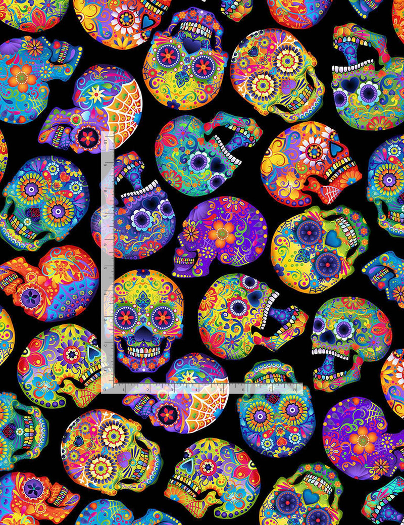 Day of the Dead FUN-C1209 BLACK Colorful Day of the Dead Skulls by Timeless Treasures