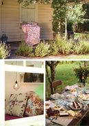 Collage of outdoor scenes including a garden, cushions on a couch, and a dining table set with food from the book, Gathered - Quilt Recipes 2.
