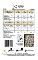 Jolee fabric requirements chart with quilt image and branding details.