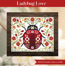 Ladybug Love Cross Stitch Pattern for a ladybug with flowers on a wooden surface.