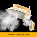 Oliso Pro Plus Smart Iron Butterscotch showing steam emission