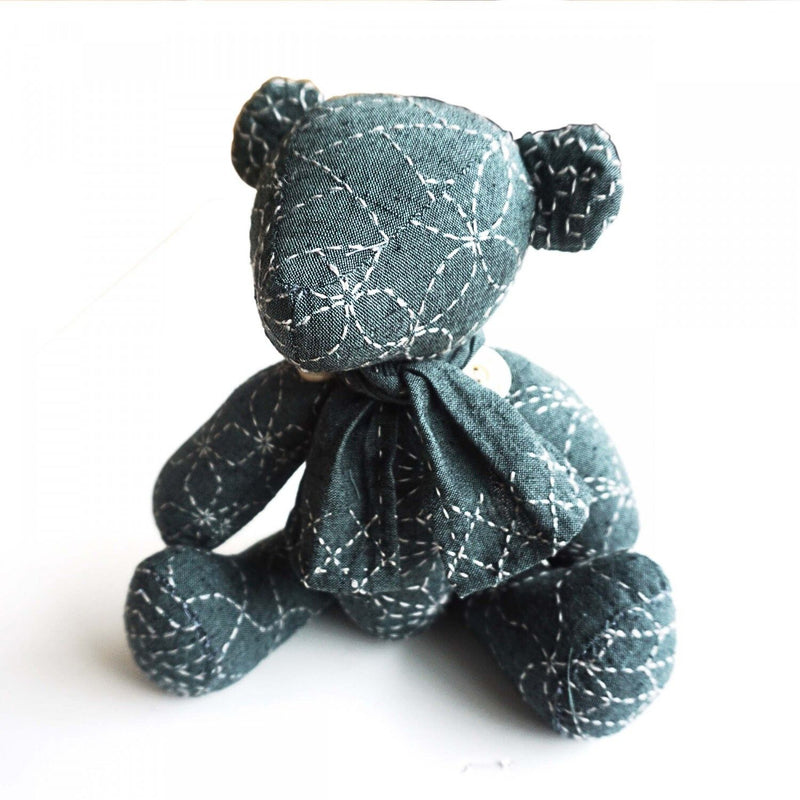 Sashiko Teddy Bear Nep Yarn Dyed Fabric Blue QH Textiles KNP22-05BL