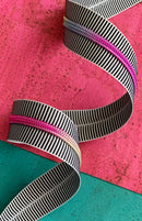 Sassafras Lane Zipper Tape by the Yard - Black/White Stripe with Rainbow Teeth - 3 Yard