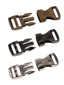 Side Release Buckle 1 inch in 3 metal colors shown open.
