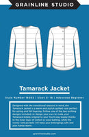 Design of a Tamarack jacket on a blue background with Grainline Studio branding.