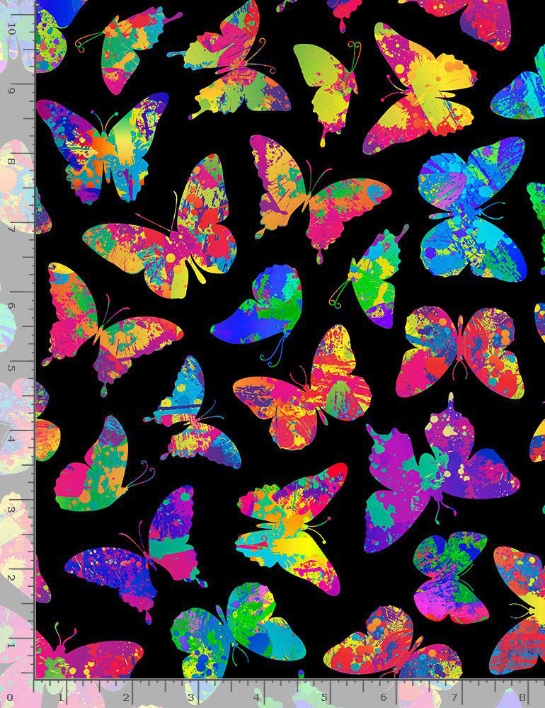 Cosmic BUG-CD8844 BLACK Bright Multi Colored Butterflies by Timeless Treasures