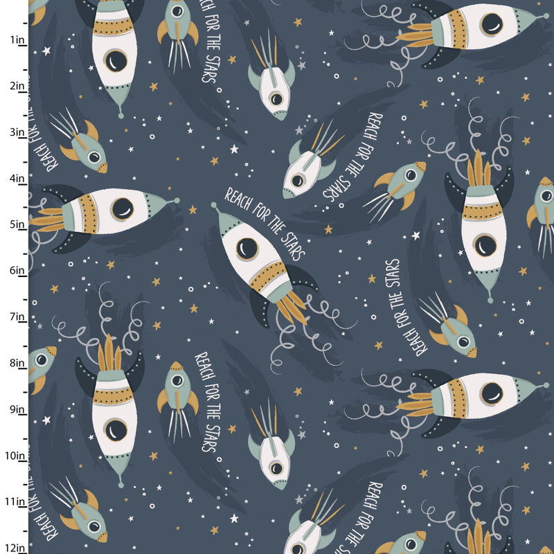 Starry Adventures Flannel 20258-NVY-FLN-D Star Ships Navy by Lisa Perry for 3 Wishes Fabric