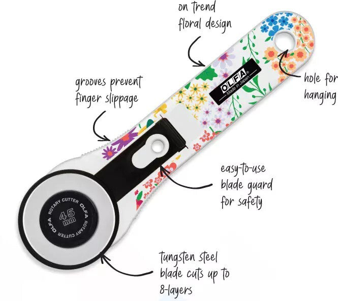 45mm Olfa Rotary Cutter with Blooming Garden Handle design showing features