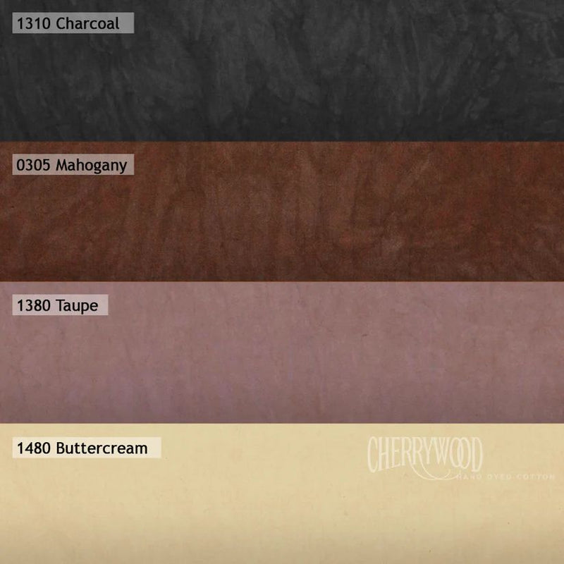 Color swatches labeled with names and numbers on a textured background for the Sketchbook bundle for Cherrywood Hand Dyed Fabric 2026 Challenge