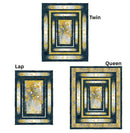 Evening Glow shows three quilt size options shown on a white background: Twin at the top, Lap on the lower left, and Queen on the lower right. Each quilt features a dark navy border with gold and silver geometric framing and a central floral motif in yellow, white, and gray.