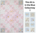 Guess How Much I Love You Baby/Child Quilt Kit  shows a quilted patchwork baby blanket featuring pink, white, and light gray floral and bunny designs, shown alongside a smaller inset preview of individual blue patch designs with text reading 'This Kit is in the Blue Colourway' and an arrow pointing to the inset.