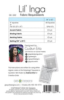 Fabric requirements for a Lil' Inga table runner quilting project by Gudrun Erla with product details and branding.