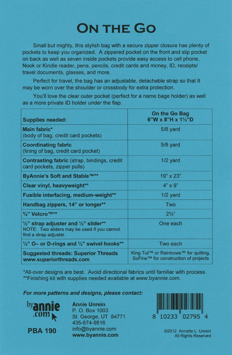 On The Go Pattern  Picture of Back of Pattern ByAnnie PBA190