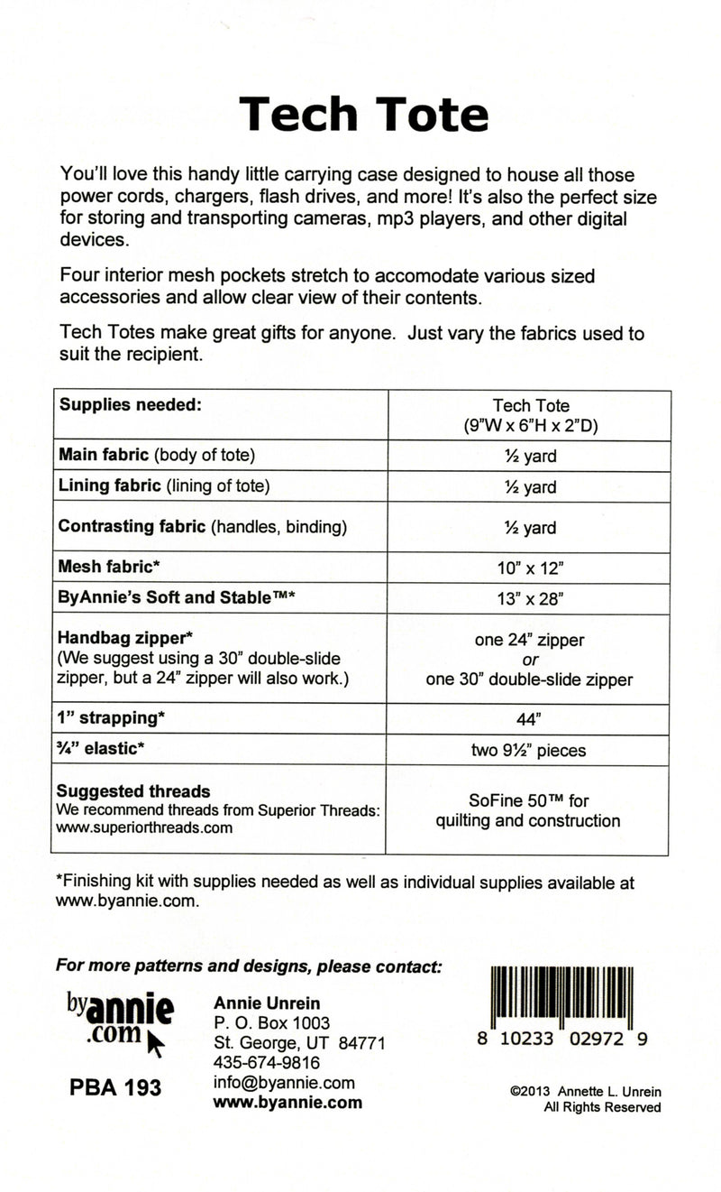Tech Tote Pattern Picture of Back of Pattern ByAnnie PBA193