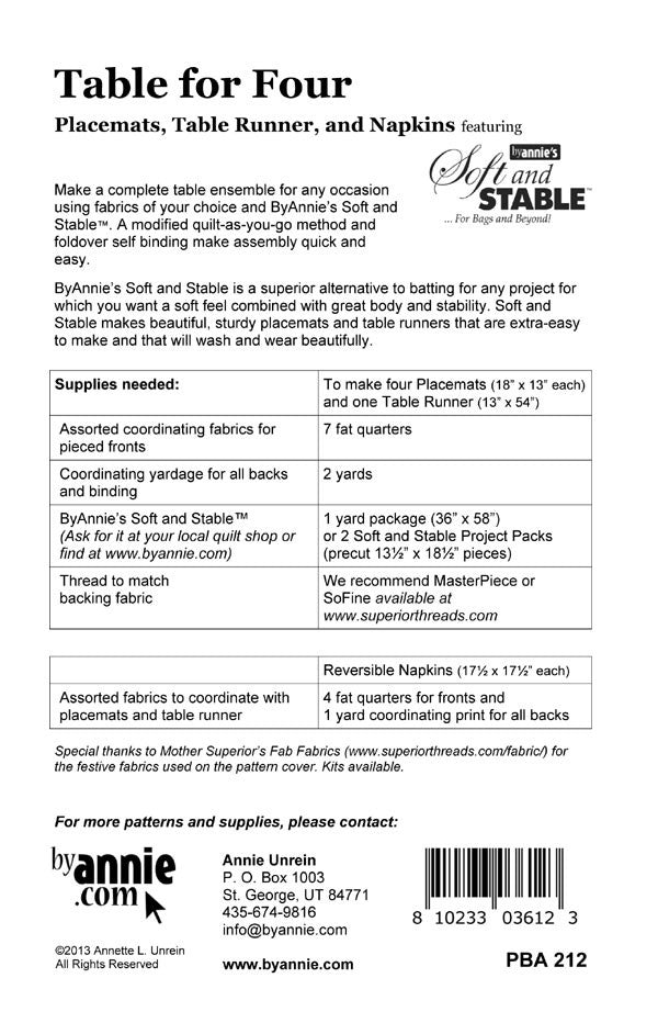 Table For Four Pattern Picture of Back of Pattern  ByAnnie PBA212