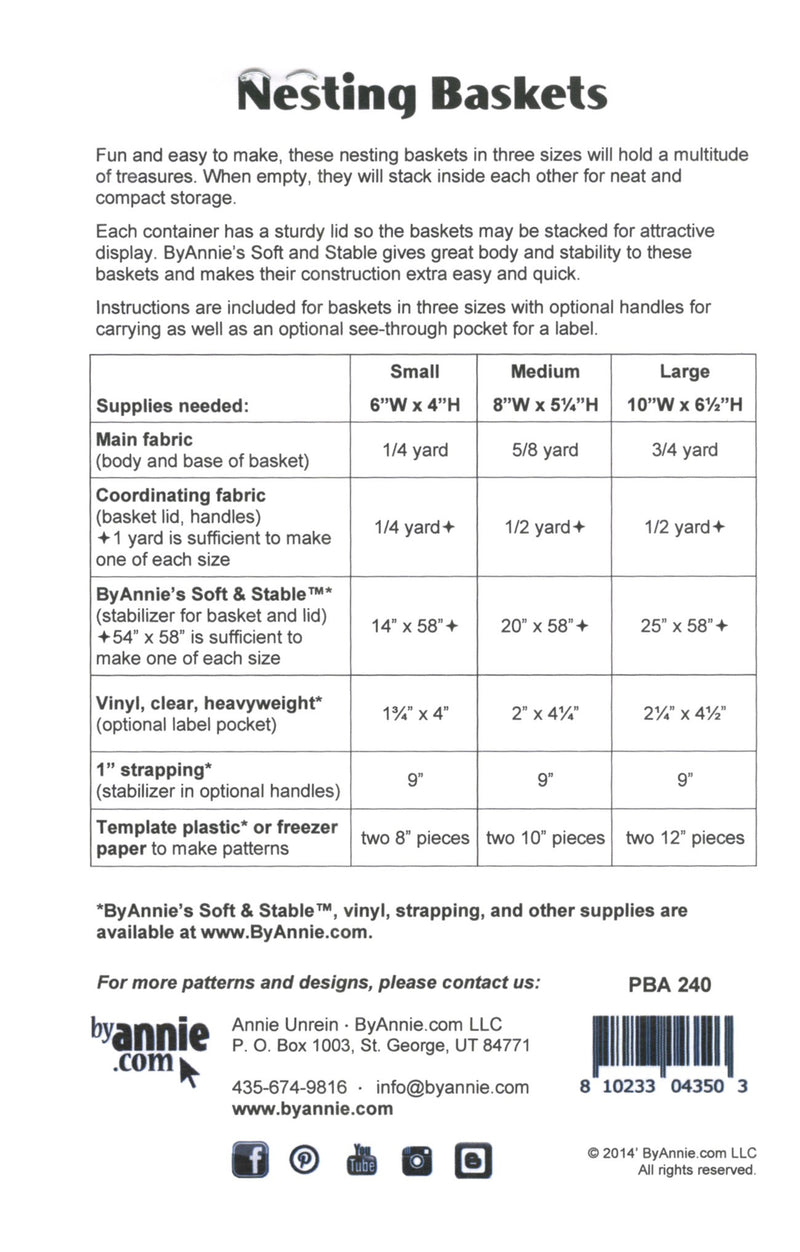 Nesting Baskets Pattern Picture of Back of Pattern ByAnnie PBA240