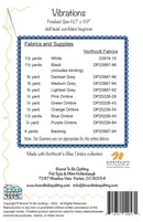 Back of a quilting pattern sheet titled 'Vibrations' showing fabric and supplies list, Northcott Fabrics text, maker information, a barcode, and a small quilt preview illustration.