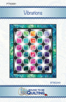 Quilt pattern cover titled 'Vibrations' with a central patchwork quilt design featuring multicolored square blocks, a black and white geometric border, and a blue-green marbled background. The cover includes the text 'PTN3081', 'Vibrations', 'BTBQ340', and the 'Bound to Be Quilting' logo.