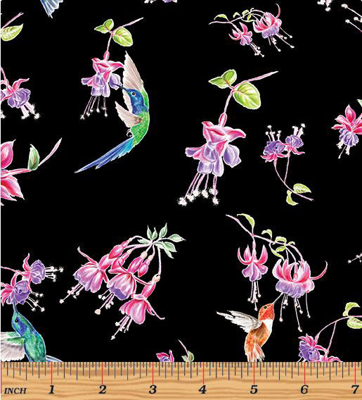 A Painted Garden 13400-12 Hummingbird Blossoms Black by Lorraine Turner for Benartex