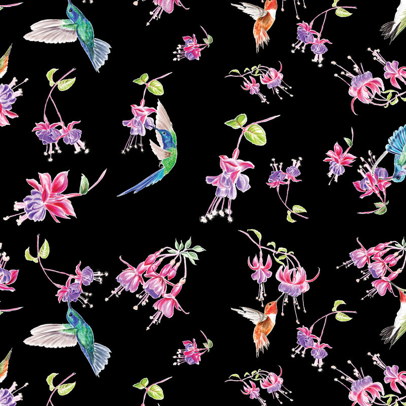 A Painted Garden 13400-12 Hummingbird Blossoms Black by Lorraine Turner for Benartex