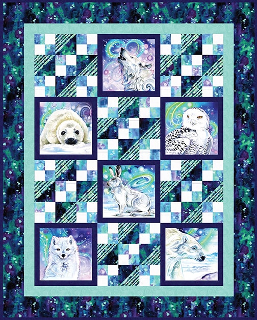 Arctic Snow Free PDF Quilt Pattern covers shows a quilt with various animal illustrations in a grid pattern on a teal background.
