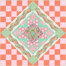 Aster-Persimmon Free PDF Quilt Pattern with floral patterns on a pink and orange checkered background.