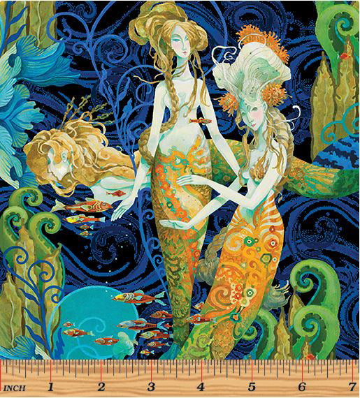 Atlantis (Mythical Mermaids) 13287-55 Blue/Multi Mythical Mermaids Allover by David Galchutt for Benartex