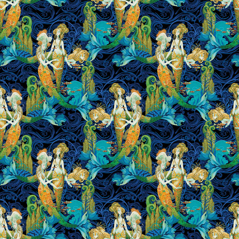 Atlantis (Mythical Mermaids) 13287-55 Blue/Multi Mythical Mermaids Allover by David Galchutt for Benartex