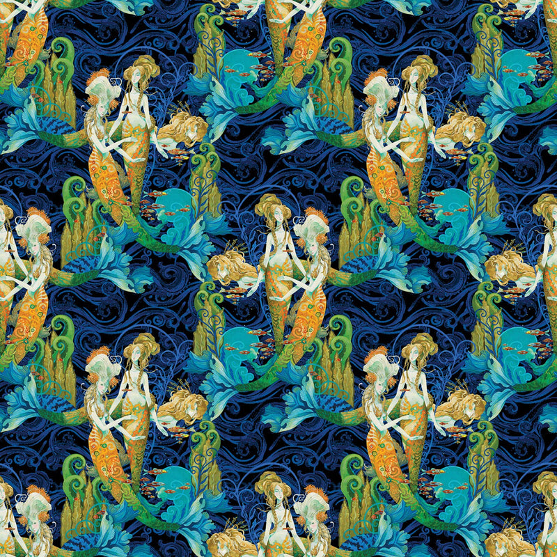 Atlantis (Mythical Mermaids) 13287-55 Blue/Multi Mythical Mermaids Allover by David Galchutt for Benartex