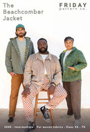 Three men wearing 'The Beachcomber Jacket' from Friday Pattern Co. with a plain background.