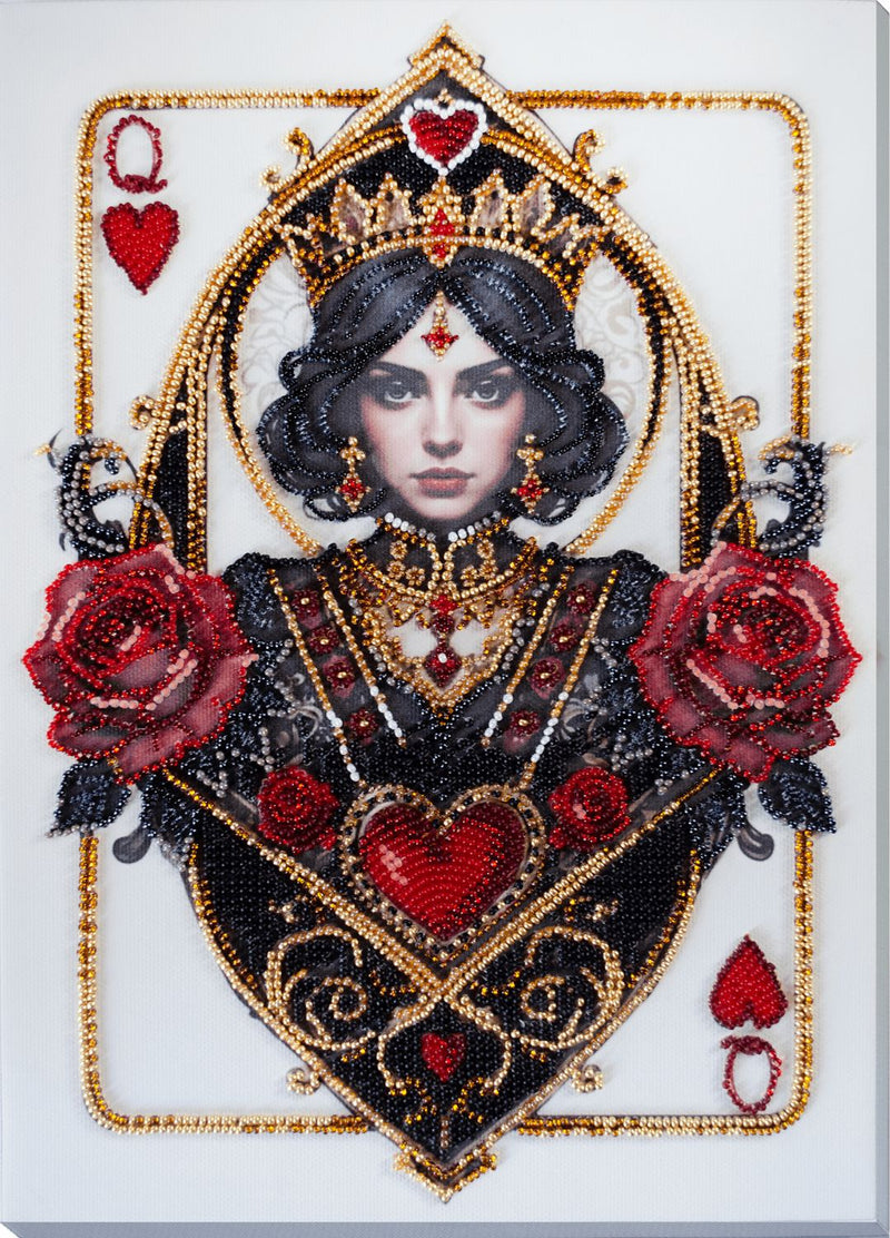 Bead Embroidery Kit  Queen of Hearts is a beaded depiction of a queen of hearts playing card.