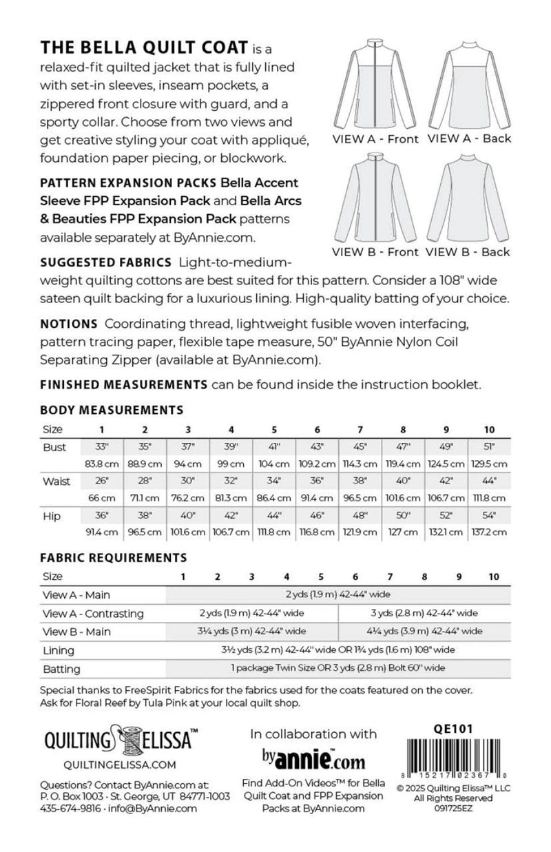 Bella Quilt Coat pattern back cover showing fabric requirements and sizing.