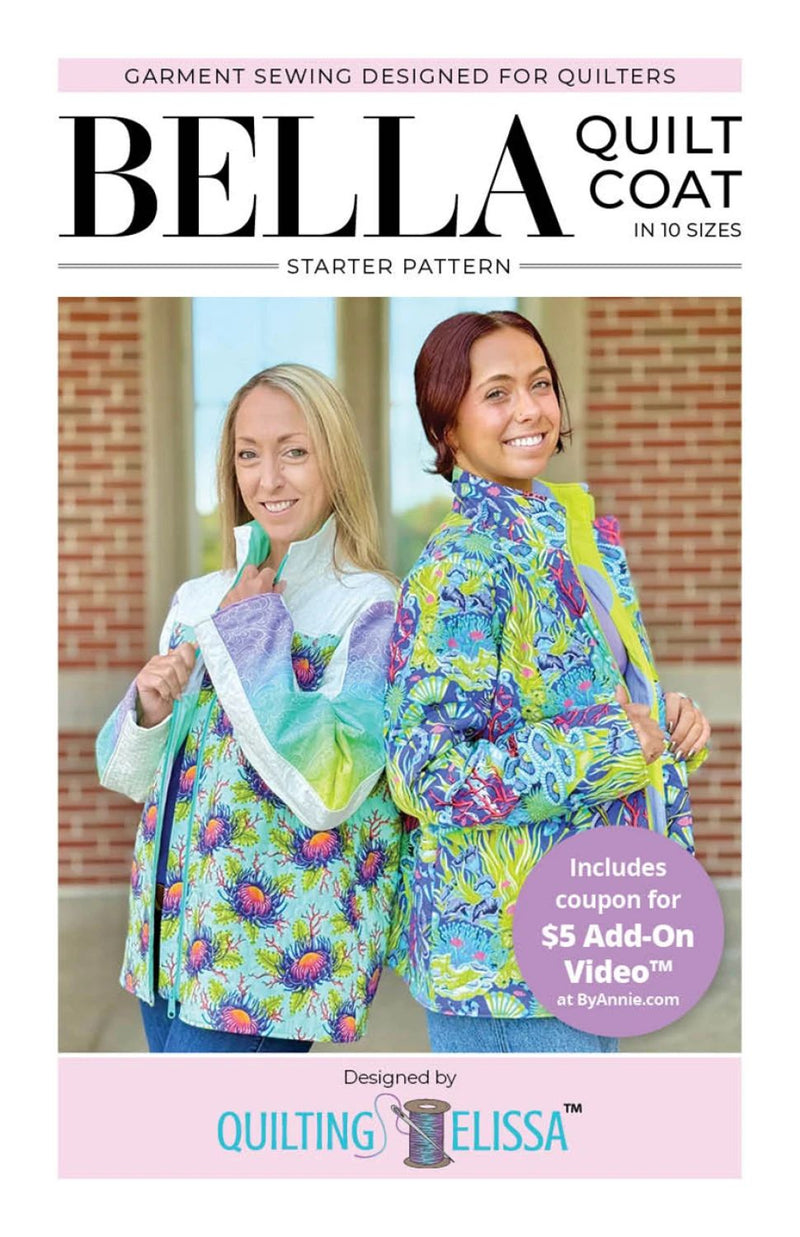 Bella Quilt Coat pattern book cover with two women wearing colorful quilt coats.