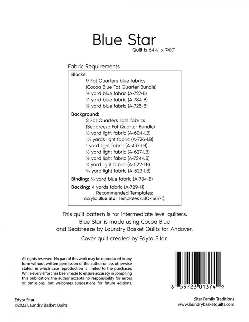 Blue Star Pieced Quilt Pattern Picture of Back of Pattern Edyta Sitar Laundry Basket Quilts LBQ-1374-P