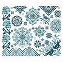 Bluebird Sampler Cross Stitch Pattern shows a decorative pattern with blue flowers, birds, and geometric shapes on a white background.