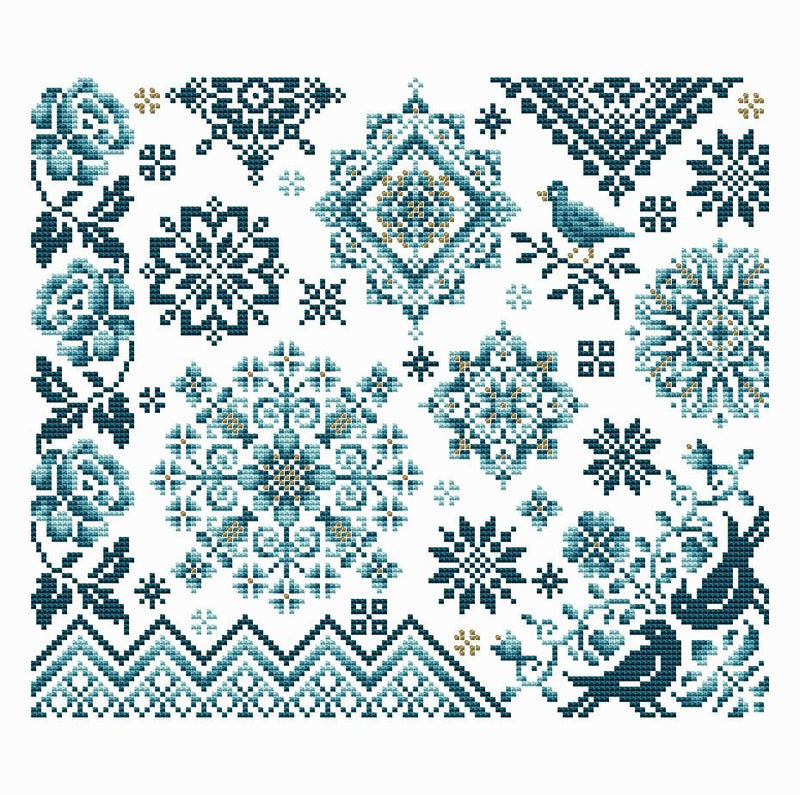 Bluebird Sampler Cross Stitch Pattern shows a decorative pattern with blue flowers, birds, and geometric shapes on a white background.