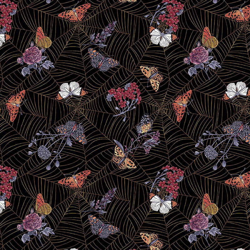 Bones Collection 7115-99 Black Cobwebs and Moths by Melissa Wang for Studio e Fabrics