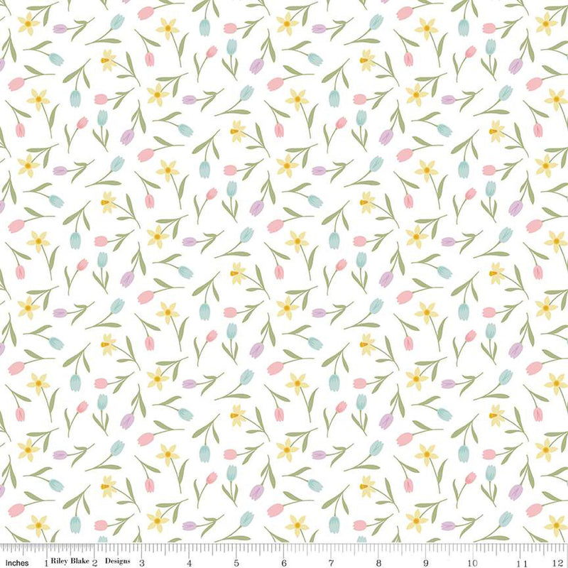 Bunny Trail C14254-WHITE Tulip Toss by Dani Mogstad for Riley Blake Designs