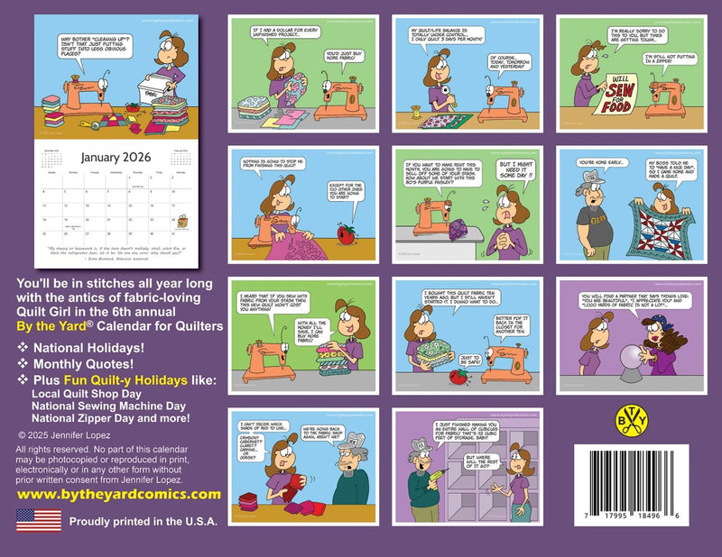 Comic-style By the Yard calendar with illustrations of a woman at a sewing machine on a purple background.