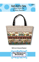 Cafe Kitty Tote pattern cover by Heidi Fridlaine, showing a tote bag with a colorful cafe-themed print and dark handles, on a white background with blue decorative header and footer banners.